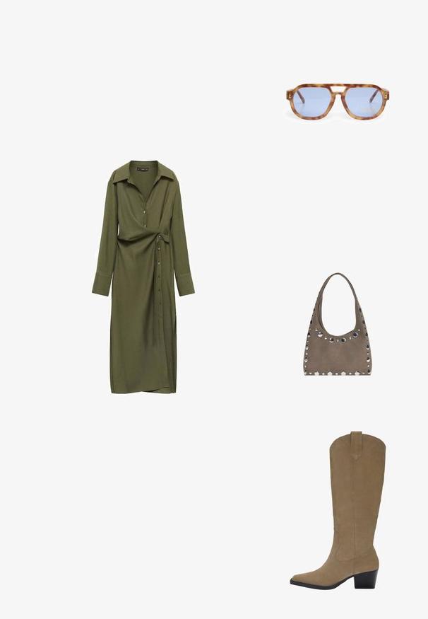 Olive zelené šaty s dlhým rukávom, golierom, zapínaním na gombíky vpredu, zavinovacím dizajnom a bočnými rozparkami. Vyrobené z mäkkej, textúrovanej látky.; Svetlé semišové čižmy po kolená s špicatou špičkou, vrstveným podpätkom a šitím po stranách. Hladká textura a štruktúrovaný dizajn.; Slnkové okuliare z želvoviny s modrými sklami, uhlovým dizajnom, hrubým rámom a vyrezaným nosovým mostíkom; obsahujú zlatý akcent na spánku.; PULL&BEAR SHOPPER - Veľká kabelka - grey