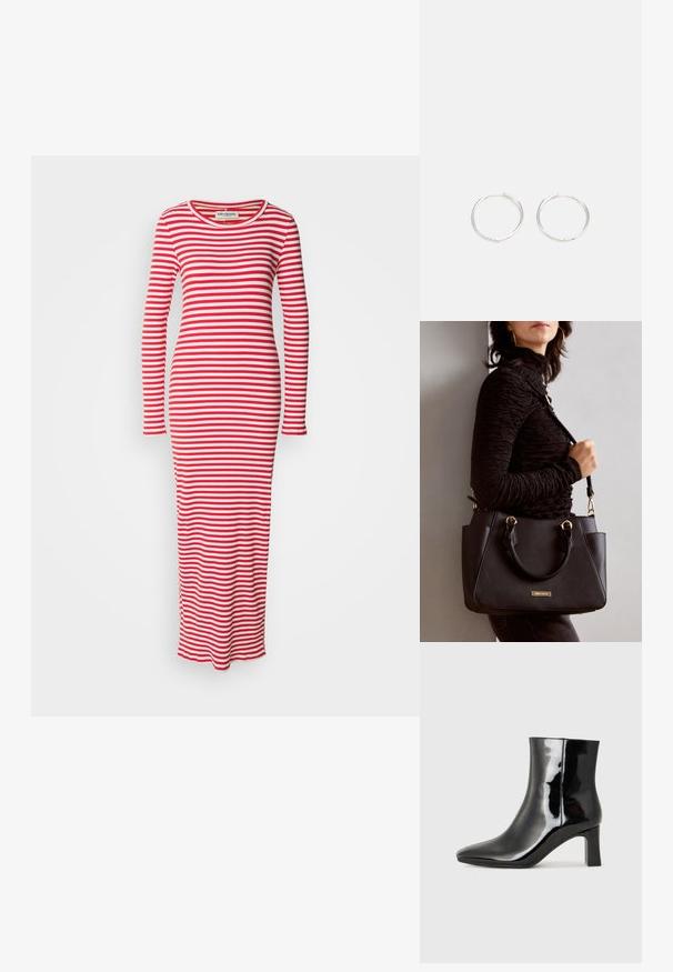 Dryžuota ilgo rankovės suknelė raudonos ir baltos spalvos. Raukšlėta tekstūra, prigludusi siluetas, apvalus iškirpimas ir pilno ilgio sijonas su šoninėmis plyšėmis.; Juodos lakuotos odinės aulinukės su smailiu pirštu ir vidutinio aukščio blokuotu kulnu. Lygus paviršius ir minimalistinis dizainas.; Juodas rankinės maišelis su struktūrizuota paviršiumi, dvigubais viršutiniais rankenėlėmis ir reguliuojamu peties diržu. Įrengtas aukso spalvos furnitūra ir šoninės kišenės.; Sidabrinės auskarai žiedai su sėslia, apvalia forma, pasižymintys lygia paviršiumi ir be matomų puošmenų. Svoris nenurodytas.