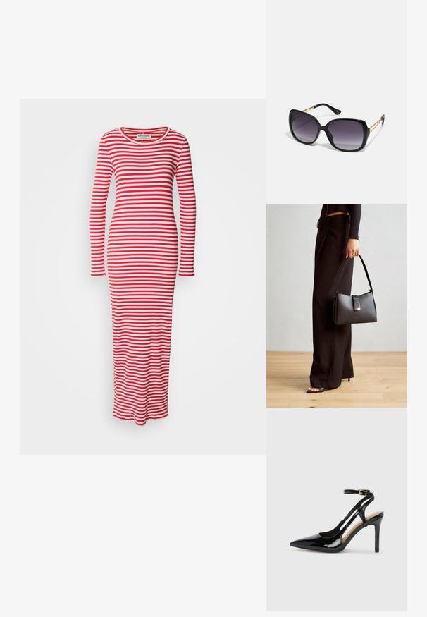 Robe à manches longues rayée en rouge et blanc. Texture côtelée, silhouette ajustée, col rond et jupe longue avec fentes sur les côtés.; Escarpin en cuir verni noir à talon haut, avec un bout pointu, une bride réglable à la cheville et des côtés ouverts. Texture lisse.; Lunettes de soleil noires surdimensionnées avec des verres dégradés, monture épaisse et détails en chaîne dorée sur les branches.; Sac à main noir à la forme structurée, texture lisse et fermoir métallique. Associé à un pantalon noir ample et des sandales ouvertes sur un sol en bois.
