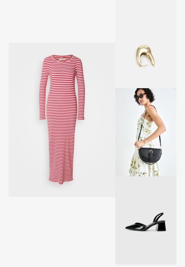 Randig långärmad klänning i röd och vit. Ribbad textur, figursydd silhuett, rund halsringning och heltäckande kjol med sidofickor.; Svarta lackläder slingback klackar med spetsig tå och geometrisk klack. Har en elegant, minimalistisk design och slät yta.; Svart läderhandväska med en böjd form, avtagbar rem och guldiga detaljer. Väskan har ett lock med en spänndetalj.; Örhänge i guldtonad metall med en elegant, böjd design. Har en distinkt spetsig form, polerad yta och gångjärnslås.
