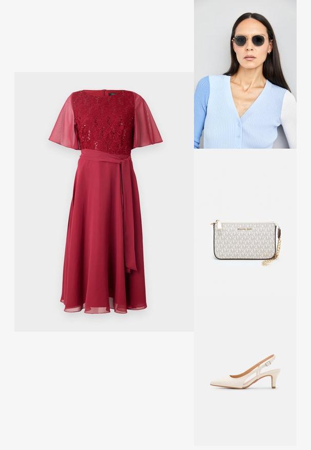 Abito rosso con un bodice in pizzo decorato con paillettes e maniche volanti trasparenti, impreziosito da una cintura in tessuto coordinato e una gonna fluida.; Slingback bianco con punta affusolata, materiale superiore liscio, tacco basso a blocco e design con ritagli laterali, dotato di cinturino regolabile con fibbia.; Occhiali da sole rotondi con lenti scure e montatura dorata. Il modello indossa un cardigan leggero azzurro a costine con bottoni e maniche bianche a contrasto.; Wristlet Michael Kors in tela rivestita beige con motivo a logo MK ripetuto, hardware dorato e tracolla a catena staccabile.