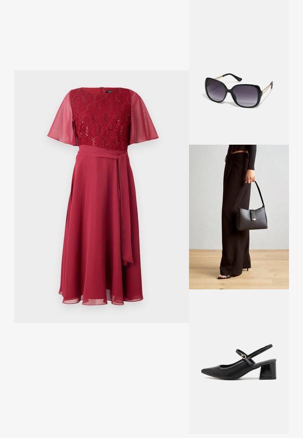 Red dress mit einem Spitzenoberteil mit Pailletten und durchsichtigen Flatterärmel, umrissen mit einem passenden Stoffgürtel und einem fließenden Rock.; Schwarze Lackleder-Slingback-Absätze mit spitzer Zehenform, einem runden Ausschnitt-Design und einem Blockabsatz. Mit einem goldfarbenen Schnallenakzent.; Schwarze übergroße Sonnenbrille mit getönten Gläsern, dicken Rahmen und goldfarbener Kettendetaillierung an den Bügeln.; Schwarze Handtasche mit strukturierter Form, glatter Textur und einem metallischen Verschluss. Kombiniert mit weiten schwarzen Hosen und offenen Sandalen auf einem Holzboden.