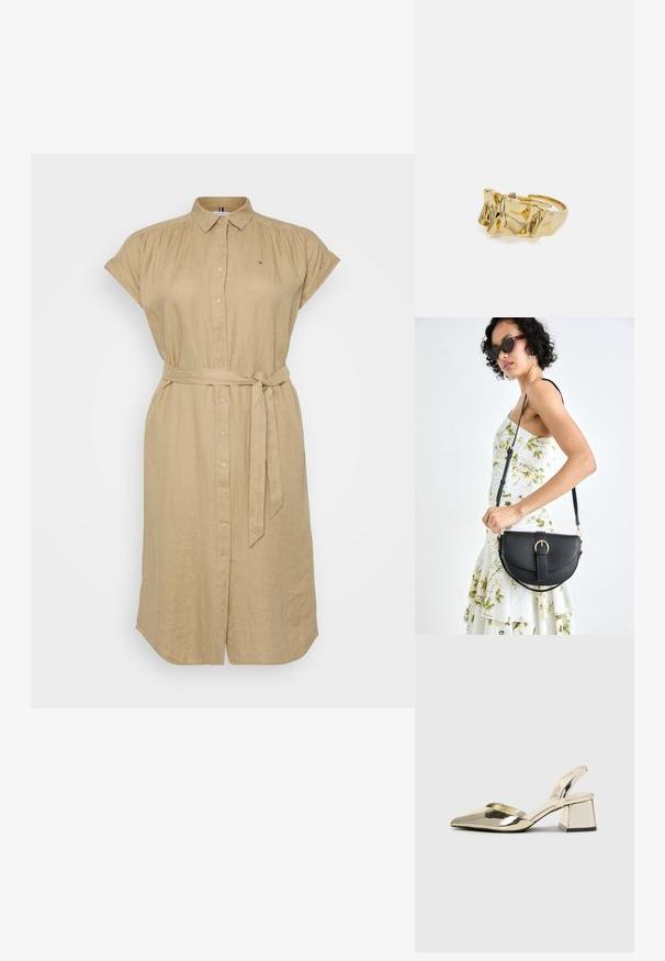 Rochie din in bej, cu manșete scurte, închidere cu nasturi în față și o curea legată în talie. Dispune de un mic logo pe piept.; Pantofi cu toc slingback metalici aurii, cu vârf ascuțit și toc chunky. Textură netedă, design minimalist și o curea subțire.; Geantă din piele neagră, cu o formă curbată, curea detașabilă și accesorii aurii. Geanta are un capac cu un detaliu tip cataramă.; Inel de aur cu un design texturat, ondulat, având trei vârfuri proeminente. Suprafață netedă și strălucitoare, cu un bandaj deschis pentru ajustarea dimensiunii.