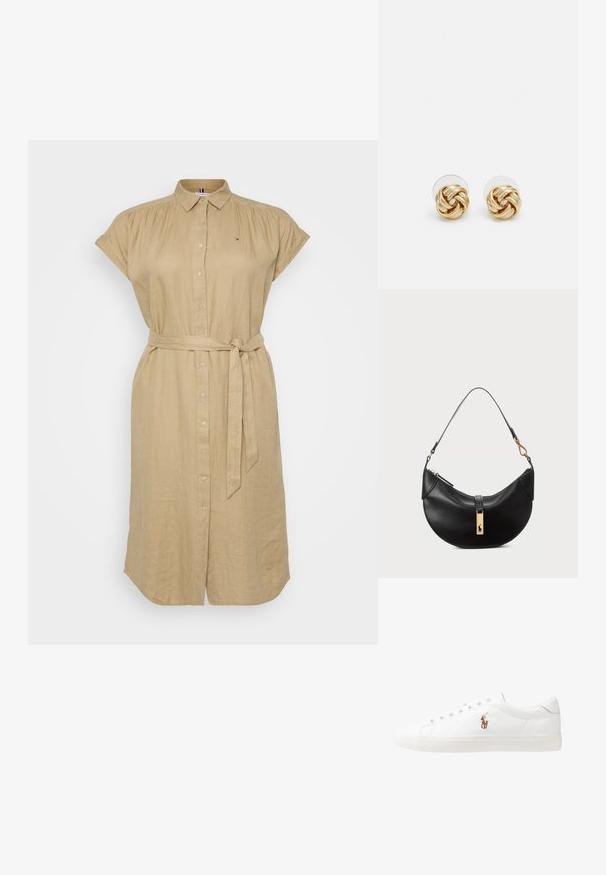 Bēša lina krekliņa kleita ar īsām piedurknēm, pogu aizdari priekšā un saistu jostu ap vidukli. Uz krūšu ir mazs logo.; Baltas ādas sporta apavi, zema dizaina, ar gludu tekstūru, noapaļotu purngalu, ar auklēm priekšpusē un nelielu izšūtu logotipu sānos.; Melnas ādas rokas soma pusmēness formas. Iezīmē zelta metāla akcentus un šauru siksniņu. Gluda tekstūra, rāvējslēdzēja aizdare augšpusē.; Zeltītu mezgla auskari ar vērptu dizainu. Katrs auskaru pāris ir aprīkots ar apaļu caurspīdīgu atbalstu drošai nēsāšanai.