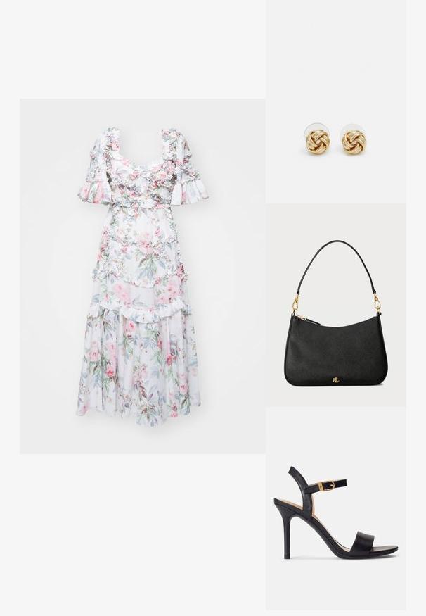 Květinové maxi šaty z lehkého materiálu, které mají volánkové rukávy, opakující se volánkové vrstvy a mix růžových a zelených květinových vzorů.; Černé sandály na vysokém podpatku s hladkým koženým svrškem, otevřenou špičkou a designem s jedním popruhem, ozdobené zlatou sponou.; Černá kožená kabelka se strukturovaným designem, obsahující zipové uzavření, odnímatelný popruh a zlaté kovové detaily.; Náušnice ve zlatém tónu ve tvaru uzlu s propleteným designem. Každá náušnice má kulatou průhlednou oporu pro bezpečné nošení.