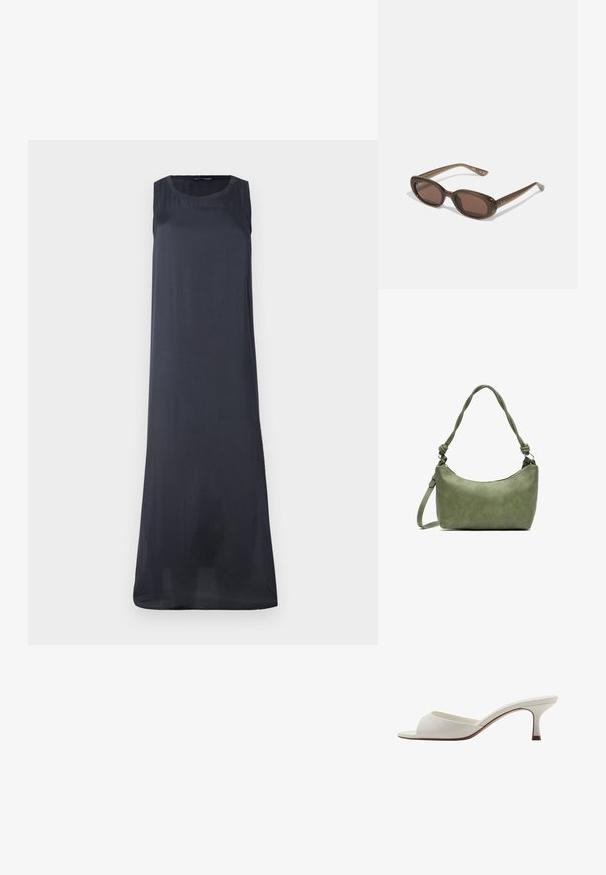 Hihaton, pitkä mekko tummansinisestä kankaasta. Sisältää pyöreän pääntien ja sujuvan, virtaavan siluetin ilman näkyviä kuvioita tai varusteita.; Valkoiset avonaiset korkeakorkoiset mulesit, joissa on sileä pinta, minimalistinen muotoilu ja hoikka korko, ja joissa on hienovarainen ruskea korostus pohjassa.; Ruske oválne slnečné okuliare s tmavými sklami. Rám je vyrobený z priesvitného hnedého materiálu a na stranách má potlačené logo.; Vihreä nahkainen käsilaukku, jossa on sileä rakenne, kaareva muoto ja punottu kahva. Varustettu vetoketjulla ja säädettävällä hihnalla.