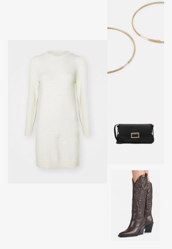 Kreminės spalvos megzta suknelė su ilgomis rankovėmis, raštuotais rankogaliais ir tekstūruotu raštu visame paviršiuje; apvalus iškirpimas ir apačia krenta virš kelių.; Rudos odinės kaubojaus batai su smailiu priekiu ir blokuotu kulnu, pasižymintys detaliu siuvinėjimu ir iškiliais akcentais ant ašies.; Juodas odinis dėkliukas su atvarteliu ir auksinės metalinės sagties detalėmis. Įeina juodas diržas ir elegantiškas, minimalistinis dizainas.; Aukso spalvos žiedo auskarai, ploni ir apvalūs, su lygiu metaliniu paviršiumi be papuošimų ar raštų.