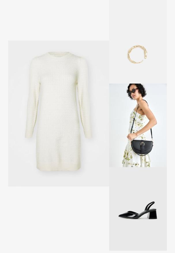 Kremno obarvana pletena obleka z dolgimi rokavi, rebrastimi manšetami in teksturiranim vzorcem po celotni obleki; okrogla izreza in rob pada nad kolena.; Črne lakirane slingback pete s koničastim nosom in geometrijsko blokasto peto. Imajo eleganten, minimalističen dizajn in gladko teksturo.; Črna usnjena torbica s ukrivljeno obliko, z odstranljivo naramnico in zlatimi dodatki. Torbica ima pokrov s podrobnostmi v obliki zaponke.; Zlati prstan s organskim, zvitim dizajnom, gladko površino in taperiranimi konci, ki ustvarja modernega, skulpturalnega videza.