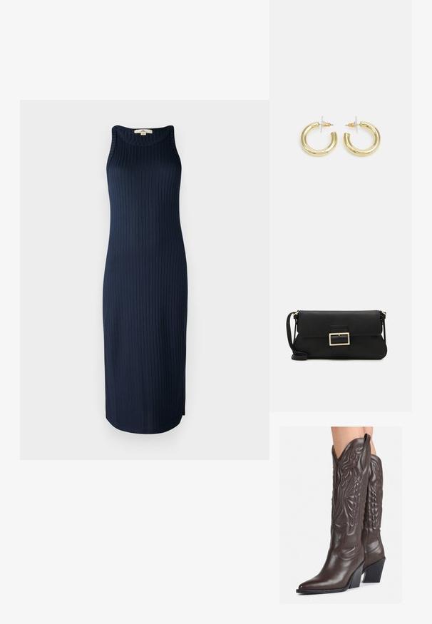 Tengerész kék bordás kötött ruha, ujjatlan kialakítással, kerek nyakkal és oldalsó hasítékokkal, amely illeszkedő siluettet és puha textúrát kínál.; Barna bőr cowboy csizmák hegyes orral és blokk sarkal, részletes varrással és kiemelkedő díszítésekkel a szárán.; Fekete bőr kézitáska hajtóka részlettel és aranyszínű fém csattal. Tartalmaz egy fekete pántot és egy letisztult, minimális dizájnt.; Arany fülbevalók sima, fényes felülettel. Kör alakú dizájn, amely kis kapoccsal és átlátszó tartozékkal rendelkezik a biztonságos viselés érdekében.