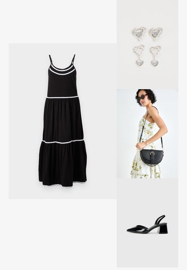 Fekete pamut maxi ruha állítható spagetti pántokkal, fehér, hullámos szegéllyel, réteges kialakítással és lebegő szoknyával. Megfelelő alkalmi viselethez.; Fekete lakk bőr szandálkés magas sarkú cipő, hegyes orral és geometrikus tömbsarkakkal. Karcsú, minimalista dizájn és sima textúra jellemzi.; Fekete bőrtáska ívelt formával, levehető pánttal és arany színű fémrészekkel. A táskán egy csattal díszített fedél található.; Ez az ezüst szív alakú fülbevaló sima, átlátszó kövekkel rendelkezik, texturált kerettel. A készlet stud és csepp stílust is tartalmaz.