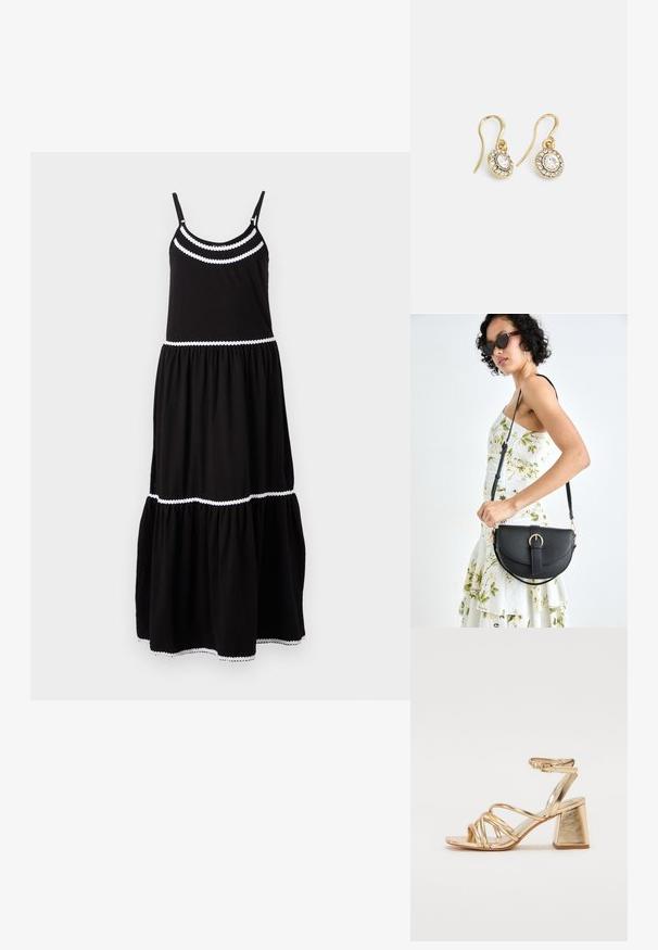 Czarna bawełniana sukienka maxi z regulowanymi ramiączkami, białym falbaniastym wykończeniem, i warstwowym fasonem, z luźną spódnicą. Idealna na codzienne spacery.; Złote metaliczne sandały na obcasie z paskowym wzorem, kwadratowym słupkiem i regulowanym paskiem na kostkę z klamrą. Gładka faktura.; Czarna skórzana torebka o zakrzywionym kształcie, z odpinanym paskiem i złotymi akcentami. Torebka posiada klapę z zapięciem w kształcie klamry.; Złote kolczyki z owalnymi przezroczystymi kryształami otoczonymi mniejszymi przezroczystymi kamieniami, z zapięciem w formie haka zapewniającym bezpieczne noszenie.