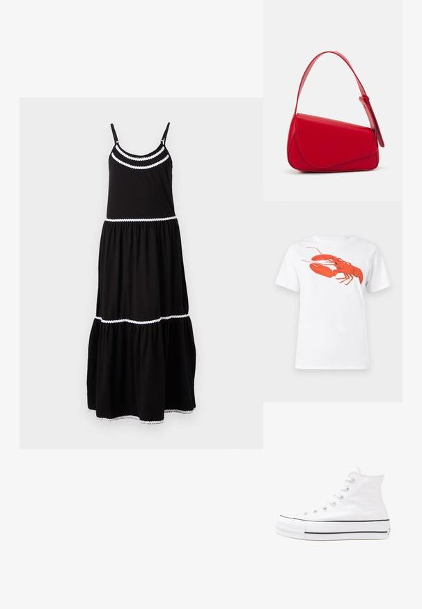 Musta puuvillamaksimekko säädettävillä ohutolkaimilla, valkoisella aaltoilevalla reunalla, kerrostetulla muotoilulla ja hulmuavalla hameella. Sopii arkikäyttöön.; Valkoinen puuvillapaita, jossa on suuri, kirkkaan punainen hummerigrafiikka edessä. Lyhyet hihat ja standardi pyöreä kaula-aukko.; Valkoiset korkeavartiset kangaskengät mustalla kumipohjalla, edessä kuminen varvasosa ja kuusi nauha-aukkoa, puhtaan minimalistisella muotoilulla.; Punainen nahkalaukku, jossa on kulmikas, geometrinen muotoilu. Varustettu yhdellä säädettävällä hihnalla ja läpällä, jossa on ommeltu yksityiskohtia.