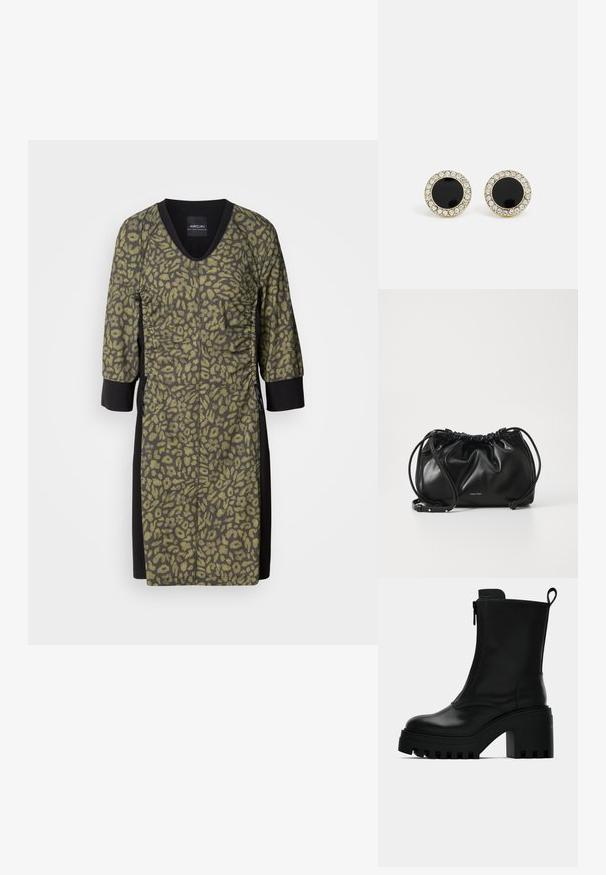 Leopardimustriga kleit V-kaelusega, kolmeveerandi varrukatega ja tekstuurse oliivrohelise kangaga. Mustad külgpaneelid ja detailid vastandina.; Mustad mustan nahast pahkluu saabas, millel on jäme tulbi tall, plokk-kant, külgzip ja tõmbenööri tagaküljel, lihtsa valge taustaga.; Mustmust mustkott, millel on kogutud kujundus, kahekordne nööriga sulgemine ja eemaldatav õlavarre rihm. Omab metallist logo detaile.; DKNY INLAY STUD - Kõrvarõngad - black/gold-coloured