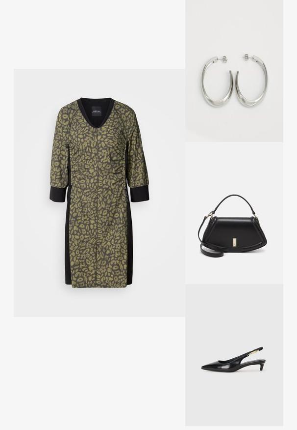 Šaty s leopardím vzorom, s výstrihom do V,¾ rukávmi a textúrovaným olivovozeleným materiálom. Čierne bočné panely a detaily na vytvorenie kontrastu.; Čierne kožené slingback opätky s špicatou špičkou, s úzkym opätkom a zlatým detailom na nastaviteľnom remienku. Hladká textúra.; Čierna kožená kabelka so štruktúrovaným dizajnom, s krátkym tvarom, hornou rúčkou a zlatými prvkami. Súčasťou je nastaviteľný ramenný popruh.; Strieborné kruhové náušnice s hladkým, zakriveným dizajnom. Majú lesklý kovový povrch a zapínanie na kolík. Žiadne viditeľné vzory ani akcenty.
