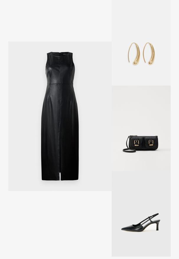 Melnas bez piedurknēm radītas kleitas, kas izgatavota no ādas, ar pieguļošu dizainu, ceļgalu garumu un smalku priekšējo iegriezumu. Aizmugurējā zīmuļu slēgšana.; Melna patent āda ar slīdošo papēdi un smailo purngalu, ar teksturētu čūsku drukājumu, regulējamu siksniņu un īsu teksturētu blokpapēdi.; Melnas ādas crossbody soma ar divām priekšējām kabatām, zelta sprādzēm, ar rāvējslēdzēju aizdari un šauru siksnu. Strukturēta virsma un kompakta taisnstūra forma.; Zelta toņu metāla gredzena auskari ar izliektu, pagarinātu formu. Ar gludu, spīdīgu virsma un noapaļotu galu papildu detaļām.