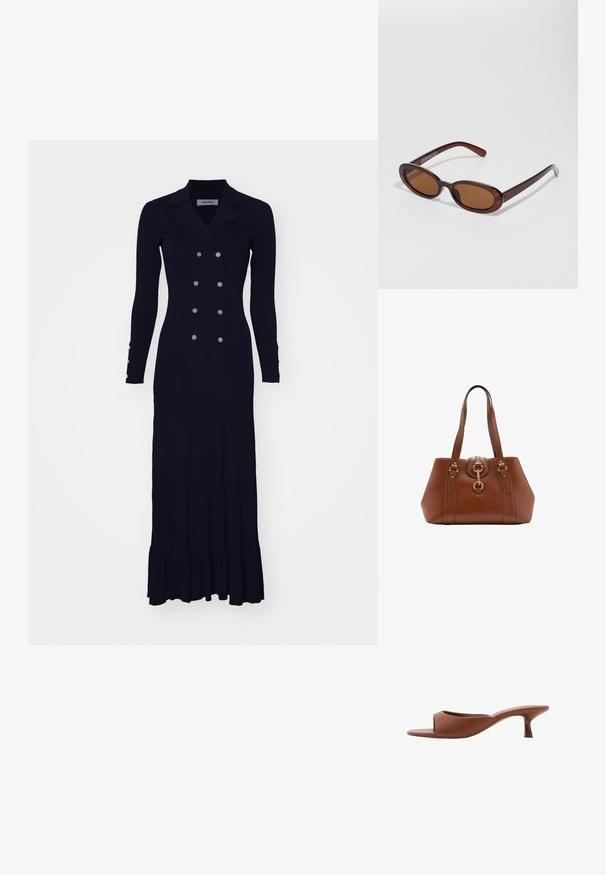 Zwart geribbeld tricot lang jurkje met een dubbele knopenrij aan de voorkant, notch kraag en een uitlopende onderrand. Voorzien van zilverkleurige knopen op de mouwen.; Bruine open teen hakschoenen met een gladde, matte afwerking, met een gebogen ontwerp en een transparante, taps toelopende hak.; Ronde, bruin getinte zonnebril met een glanzend bordeauxrood frame. Slanke pootjes met subtiele merkdetails. Vlakke lensontwerp.; Bruine leren handtas met dubbele banden, een afgeronde vorm, gouden hardware en een centrale sluiting. Gladde textuur met gestikte accenten.