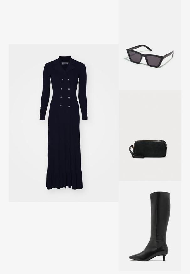 Robe longue en tricot côtelé noir avec un devant à double boutonnage, un col en V et un ourlet évasé. Comprend des boutons en métal argenté sur les manches.; Zign Bottes - black; Lunettes noires angulaires avec des verres gris ; fabriquées en plastique, avec des branches épaisses à la surface lisse et sans matériel visible.; Pochette en daim noir avec une fermeture éclair et une bandoulière amovible. Dotée de quincaillerie dorée et d'une texture lisse et mate.
