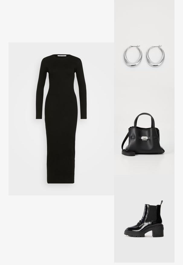 Svart langermet jerseykjole med rund hals, tettsittende silhuett og ankel-langt design. Glatt tekstur, ingen mønstre eller utsmykninger.; Sorte patent lær ankle boot med en chunky hæl, elastiske sidepaneler, dekorativ rem og kontraststing. Glat tekstur med en blank finish.; Svart skinnveske med teksturert overflate, som har to håndtak på toppen, en avtagbar skulderrem og detaljer med sølvspenne.; Et par polerte sølv halvmåne hoop øredobber med hengselspenner på hvit bakgrunn.