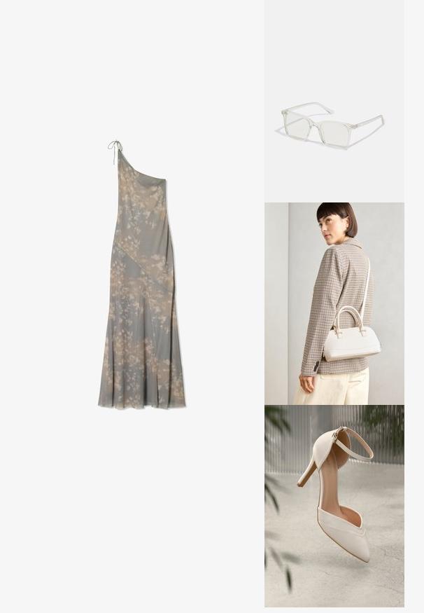 Šedá maxi šaty na jedno rameno s květinovým vzorem v světlejších tónech, s volným designem a jemnými bočními sklady.; Bílé lodičky na vysokém podpatku z hladkého materiálu s špičatou špičkou a popruhem kolem kotníku. Vyznačují se světle hnědým interiérem a akcenty zlatého barevného kovu.; Průhledné plastové brýle čtvercového rámečku s průsvitnými čočkami, které mají zlaté akcenty na spáncích pro zvýraznění detailů.; Bílá strukturovaná kabelka s krátkými uchy a ramenním popruhem, zdobená zlatými kovovými prvky a texturovaným materiálem, vystavená na šedém pozadí.