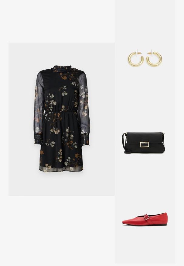 Juoda gėlėta suknelė su ilgomis permatomomis rankovėmis, elastinga juosmeniu, raukšlėtu apykakle ir rudos bei baltos spalvos gėlių raštais visame paviršiuje.; Raudoni odiniai butai su smailiu pirštu, turintys šoninius dirželius su metaline sagtimi ir žemu juodu kulnu. Glotni tekstūra visame paviršiuje.; Juodas odinis dėkliukas su atvarteliu ir auksinės metalinės sagties detalėmis. Įeina juodas diržas ir elegantiškas, minimalistinis dizainas.; Aukso auskarai su lygiu, blizgiu paviršiumi. Apvalus dizainas su maža užrakto dalimi ir skaidria atrama saugiam nešiojimui.
