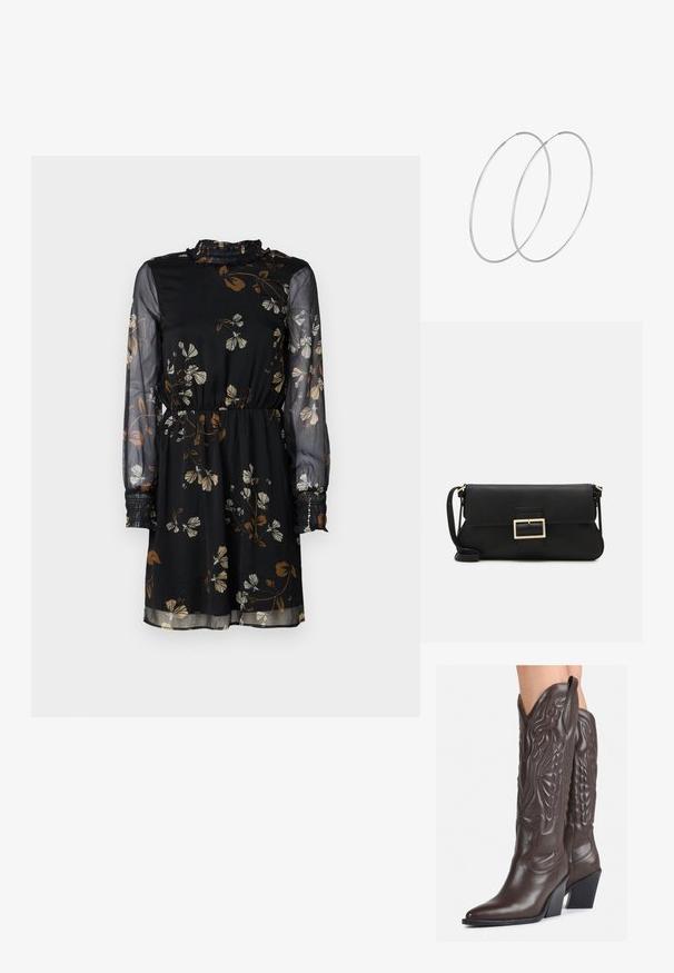 Crna cvjetna haljina s dugim prozirnim rukavima, elastičnom strukom, naboranim ovratnikom i smeškim i bijelim uzorcima cvijeća.; Smeđe kožne kauboj čizme s šiljastim vrhom i blok-potpeticom, s detaljno izvezenim šavovima i uzdignutim naglascima na okovu.; Crna kožna clutch torbica s preklopom i zlatnim metalnim detaljem kopče. Uključuje crnu trakicu i elegantan, minimalistički dizajn.; Srebrne okrugle naušnice s minimalističkim dizajnom. Kružni oblik, glatka tekstura i tanak profil. Lagane s poliranim završetkom.
