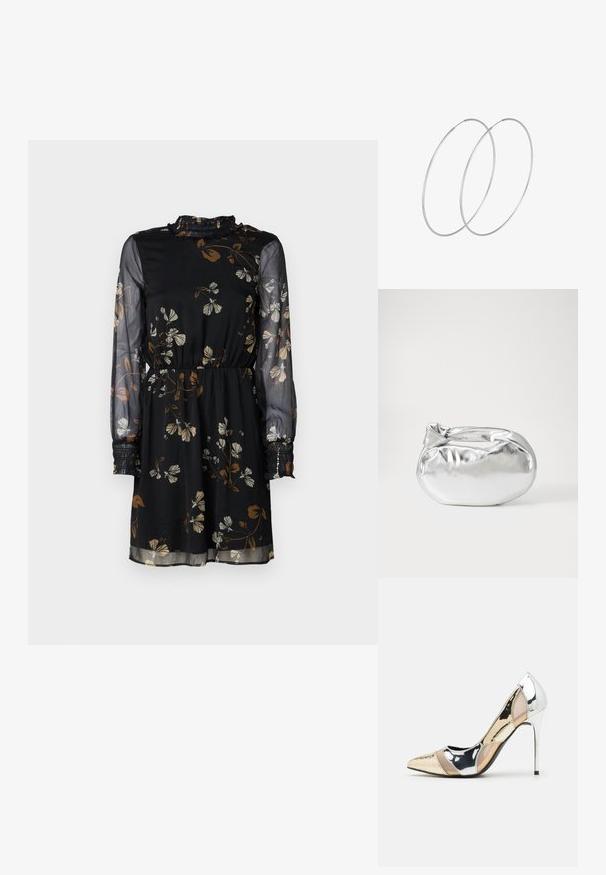 Crna cvjetna haljina s dugim prozirnim rukavima, elastičnom strukom, naboranim ovratnikom i smeškim i bijelim uzorcima cvijeća.; Cipele s visokom potpeticom i špicastim vrhom u srebrnoj, zlatnoj i nude boji. Sjajan finiš s izrezbarenim dizajnom, s potpeticom u obliku stiletto.; Srebrna metalik torbica s mekim, zaobljenim oblikom i čvorastim zatvaranjem na vrhu. Izrađena od glatke sintetičke kože.; Srebrne okrugle naušnice s minimalističkim dizajnom. Kružni oblik, glatka tekstura i tanak profil. Lagane s poliranim završetkom.