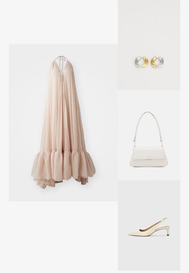 Μακριά, διάφανη φόρεμα από μαλακό ροζ ύφασμα με λαιμόκοψη halter. Διαθέτει φρουχωτή μέση και κλείσιμο με κορδόνι στο στήθος. Ελαφρύ και αέρινο σχέδιο.; Μπαλαρίνα με μυτερή μύτη σε εκρού δέρμα, με χαμηλό τακούνι και κομψό σχέδιο κοπής, διαθέτοντας λεία υφή και ελάχιστες λεπτομέρειες.; Λευκή δερμάτινη τσάντα ώμου με λυγισμένο καπάκι μπροστά, καμπυλωτό σχήμα και ρυθμιζόμενο λουρί. Διαθέτει διακριτό λογότυπο μπροστά.; Χρυσά και ασημένια σκουλαρίκια μισού δακτυλίου με γυαλιστερή φινίρισμα, featuring μια μικρή λεπτομέρεια από διάφανα ρουμπίνια στη μία πλευρά.