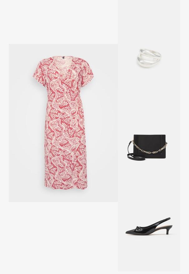 Roza in bela obleka s potiskom, ima V-izrez, kratke rokave in zasnovo v ovitku. Narejena je iz lahkega blaga z cvetličnimi motivi.; Črne patentne usnjene slingback čevlje s koničasto kapo, majhno peto in okrasno mašnjo na vrhu. Splošna gladka tekstura.; Črna usnjena torba čez ramo z gladko teksturo, pravokotno obliko in kovinskim verižnim detajlom spredaj. Vključena je nastavljiva naramnica.; Srebrn dvojni prstan z gladko, polirano površino. Ima tekoč, ukrivljen dizajn z prekrivajočimi se sekcijami za sodoben videz.