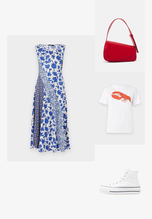 Sukienka bez rękawów z kwiatowym wzorem w odcieniach niebieskiego, o mieszanej konstrukcji patchworkowej i swobodnej sylwetce.; Biała bawełniana koszulka z dużą, jasnoczerwoną grafiką homara na przodzie. Krótkie rękawy i standardowy okrągły dekolt.; Białe wysokie trampki z płótna z czarną gumową podeszwą, przednim czubkiem z gumy i sześcioma dziurkami na sznurowadła, charakteryzujące się prostym, minimalistycznym designem.; Czerwona skórzana torebka o kanciastym, geometrycznym designie. Posiada jedną regulowaną rączkę oraz zapięcie na klapę z przeszyciami.