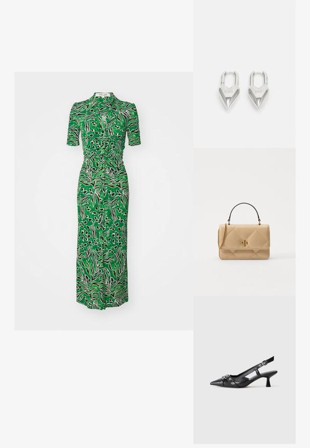 Diane von Furstenberg ZOEY DRESS - Marškininė suknelė - green; Juodas odinis slingback tipo batai su smailiu priekiniu atvartu, dekoratyvinėmis sagtimis su metaliniais akyčiais ir žemu blokiniu kulnu. Saldus paviršius.; Kailiniuotas šviesiai rudas odinis rankinukas su auksinės spalvos detalėmis, grandinėlės petnešomis ir viršutine rankena. Yra priekinė uždanga ir išskirtinis logotipo akcentas.; Sidabrinės širdelės formos užraktai su išgraviruotais žodžiais "TAIP" ir "NE", poliruotas paviršius, simetriškas dizainas ir tvirtas metalinis užraktas.