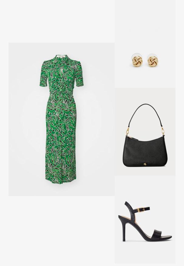 Diane von Furstenberg ZOEY DRESS - Ingruha - green; Fekete magassarkú szandál, sima bőrből készült felsőrésszel, nyitott orral és egyetlen pántos dizájnnal, arany csattal díszítve.; Fekete bőr táska strukturált dizájnnal, cipzáras záródással, levehető pánttal és arany színű kiegészítőkkel.; Arany színű csomó fülbevalók, csavart formával. Minden fülbevaló mögött egy kör alakú átlátszó támasz található a biztonságos viselés érdekében.