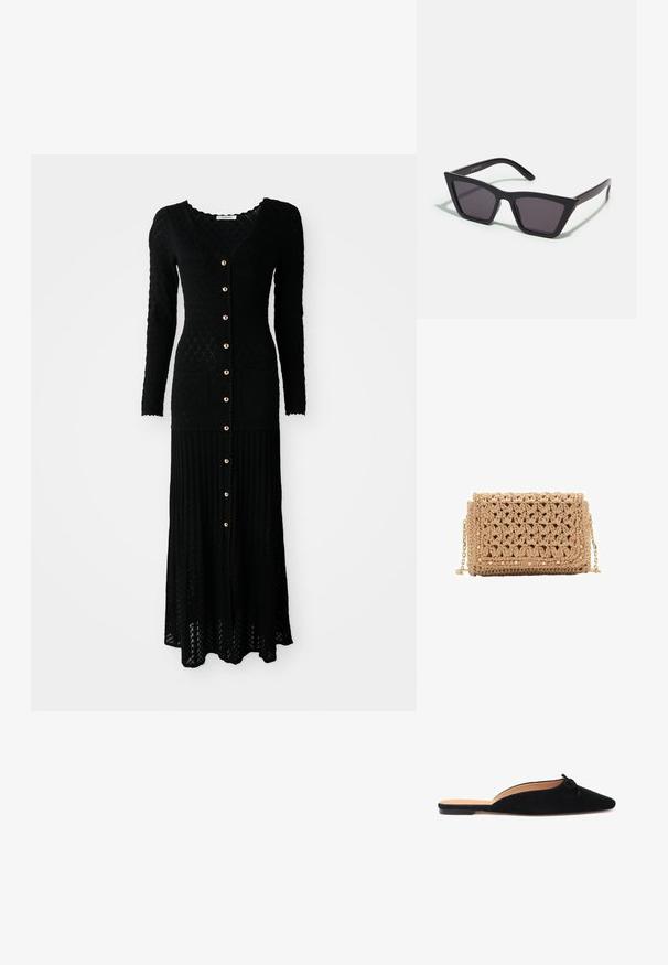 Črna pletena maksi obleka z dolgimi rokavi, V-izrezom, gumbi na sprednji strani, rebrasto teksturo, vzorec diamantov in dvema sprednjima žepoma. Zlati detajli gumbov.; Črne semiš natikače s koničastim nosom in majhnim okrasnim vozelom na zgornjem delu, z ravnim podplatom in odprtim zadnjim delom.; Črne, angularne sončne očala z sivimi lečami; izdelana iz plastike, imajo debele ročke z gladko površino in brez vidne opreme.; Kvačkana torba v svetlem bež tonu, z teksturiranim vzorcem. Zlata verižica, z okrasnimi zakovicami ob robovih za dodaten detajl.