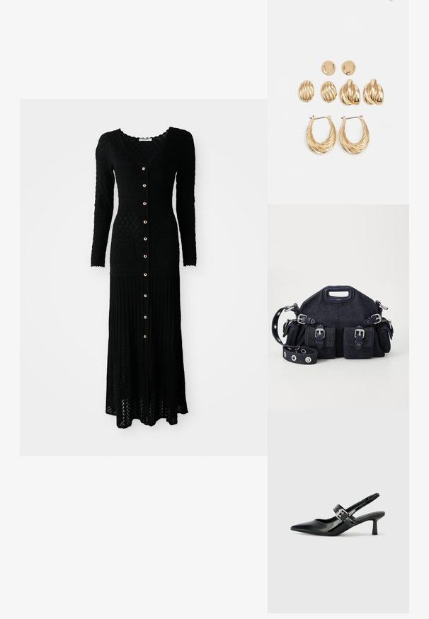 Mustard musträätud maksikleidi, millel on pikad varrukad, V-kaelus, nööpide eesmine sulgus, soonikkoes, teemantmustrit ja kaks eesmist taskut. Kuldne nööpide detail.; Mustad patenteeritud nahast sildiga kontsad, millel on terav nina ja väike plokk-konts, mille rihmal on hõbedane pandla aksessuaar.; Tumedat sinise denimi kott, millel on ümar kuju, mitmed välised taskud, reguleeritav rihm ja hõbedased detailid. Ülemine käepide on lisatud.; Kuldtoonides kõrvarõngaste komplekt, mis sisaldab kolm paari: tekstureeritud ovaalsed kinnised, lainelise disainiga kinnised ja suured rõngaskõrvarõngad, millel on kihilised sooned.