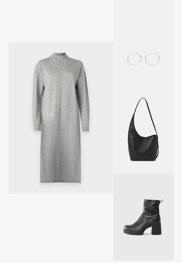 Rochie gri cu mâneci lungi, confecționată dintr-un material moale, cu un guler înalt și o croială dreaptă, având o cusătură pe mijlocul frontal.; Bocanci negri de glezna din piele netedă, cu fermoar lateral, toc texturat și masiv, și design cu vârf rotund.; Geantă hobo din piele neagră, cu o textură netedă, formă curbată și un singur bretele ajustabil; are o deschidere largă în partea de sus.; Cercei din argint cu un design elegant și rotund, având o suprafață netedă și fără embellismente vizibile. Diametrul nu este specificat.