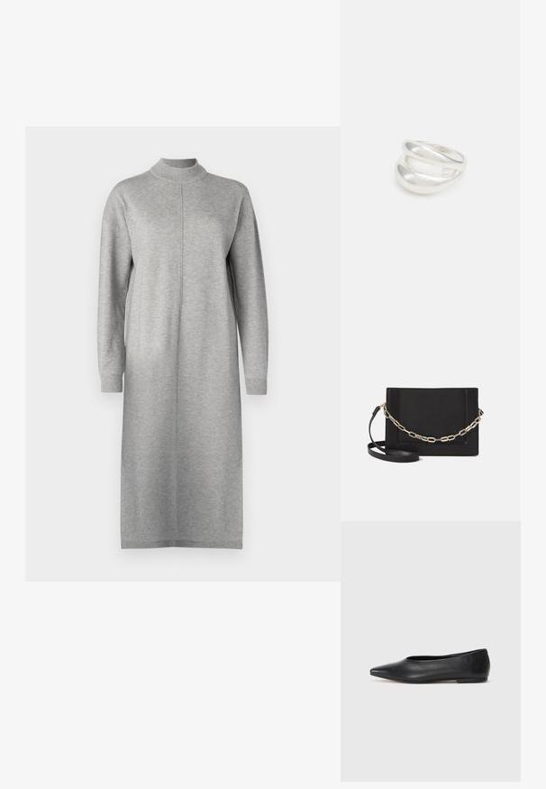 Pikkade varrukatega hall kleit, mis on valmistatud pehmest kangast, kõrge kaelusega ja sirge lõikega, mille keskel ulatub õmblus.; Musthave mustris balletkingad, terav nina, minimaliseeritud disain, sile pind, madal konts, ilma nähtava riistvara või kaunistusteta.; Mustast nahast õlakott, mis omab siledat tekstuuri, ristküliku kuju ning esiküljel metallketi detaili. Reguleeritav rihm on kaasas.; Hõbedane kahekordne rõngas sujuva, poleeritud pinnaga. Omab voolavat, kõverat disaini, millel on kattuvad sektsioonid, et saavutada kaasaegne ilme.