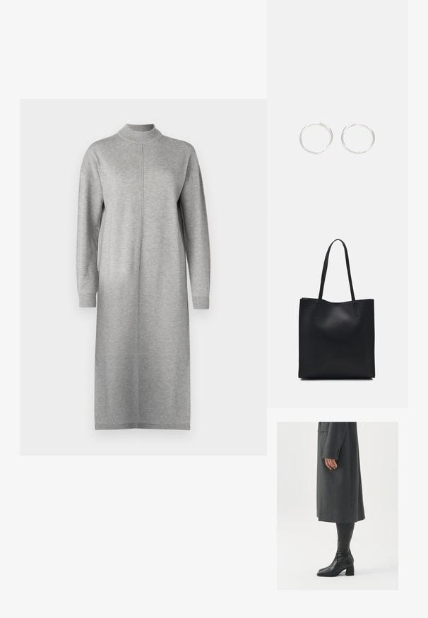 Hosszú ujjas, szürke ruha puha anyagból, magas nyakkivágással és egyenes szabással, középen található varrással.; Szürke, szabott overál, egyenes vonallal; térd fölé érő fekete bőrcsizmákkal párosítva, négyzetes orral és vastag sarokkal.; Fekete bőrtáska sima felszínnel, téglalap alakú, két hosszú füllel. Nincs látható fémkiegészítő vagy díszítés.; Ezüst karika fülbevalók, letisztult, kerek formával, sima felülettel és látható díszítés nélkül. A átmérő nem megadott.