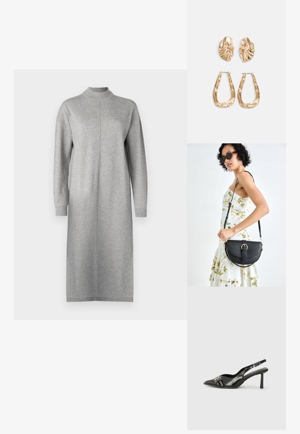 Šedé šaty s dlouhým rukávem vyrobené z měkké látky, mají vysoký výstřih a rovný střih se švem uprostřed přední části.; Černá lakovaná slingback obuv s špičatou špičkou, kotníkovými pásky s kovovými sponami a příslušenstvím, a štíhlým podpatkem.; Černá kožená kabelka s křivkovým tvarem, odnímatelným popruhem a zlatými detaily. Kabelka má klopu s přezkou.; Náušnice ve zlatém tónu s texturovanými, vlnitými tvary. Obsahují sochařské klipy a design otevřeného kruhu s kladivkovým povrchem.