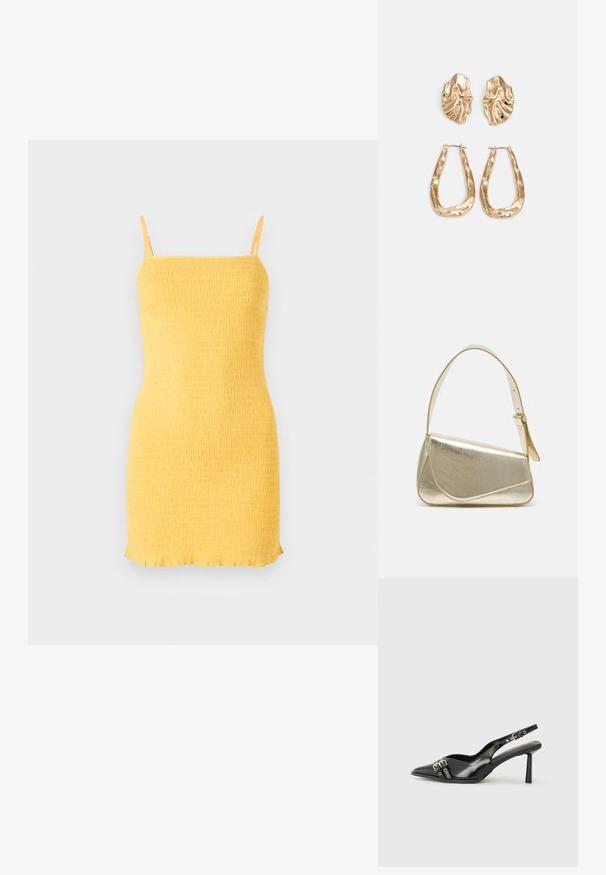 Dzeltena smockotā kleita ar plānām siksnām un taisnu griezumu. Tam ir teksturēta virsma un volāna apakšmala. Izgatavota no viegla auduma.; Melnā patentēta ādas sandale ar norādītu purngalu, potītes siksniņām ar sudraba sprādzēm un aparatūru, kā arī smalku papēdi.; Zelta metāla somiņa ar strukturētu dizainu, gludu tekstūru un regulējamu siksniņu. Iezīmējas ar unikālu trīsstūrveida formu un minimālistisku šuvumu.; Zelta krāsas auskari ar teksturētām, viļņotām formām. Iekļauts skulpturāls piespraužams modelis un atvērta gredzenveida konstrukcija ar izsistām virsmām.