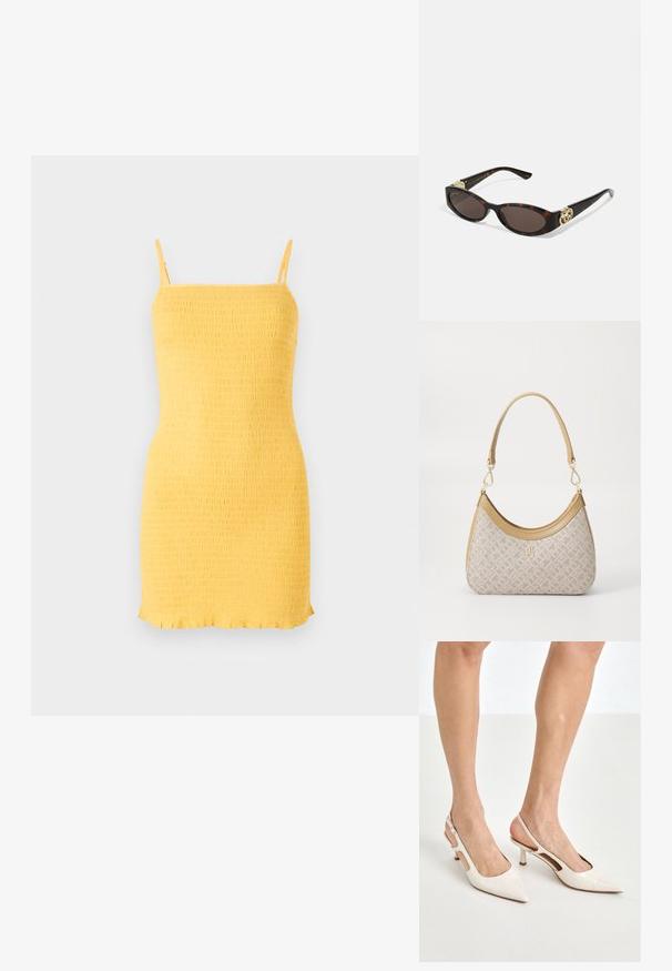 Żółta sukienka z marszczeniami, cienkimi ramiączkami i prostym krojem. Charakteryzuje się teksturowaną powierzchnią i falbaniastym dołem. Wykonana z lekkiego materiału.; Beżowe lakierowane szpilki z odkrytą piętą, zakończone spiczastym noskiem i 5 cm obcasem, z wyciętymi bokami oraz cienkim paskiem na kostce.; Słoneczne okulary w kolorze żółwi z wydłużonymi owalnymi soczewkami, brązowym odcieniem, złotymi akcentami logo na zausznikach oraz smukłymi czarnymi ramionami.; Beżowa torebka w wzory o zakrzywionym kształcie, z skórzanymi akcentami i złotym logo z przodu. Posiada krótki uchwyt, co ułatwia noszenie.; Naszyjnik z pereł i kryształów o okrągłym, koralikowym wzorze w jasnych odcieniach, z naprzemiennie umieszczonymi perłami i błyszczącymi akcentami, noszony na szyi.