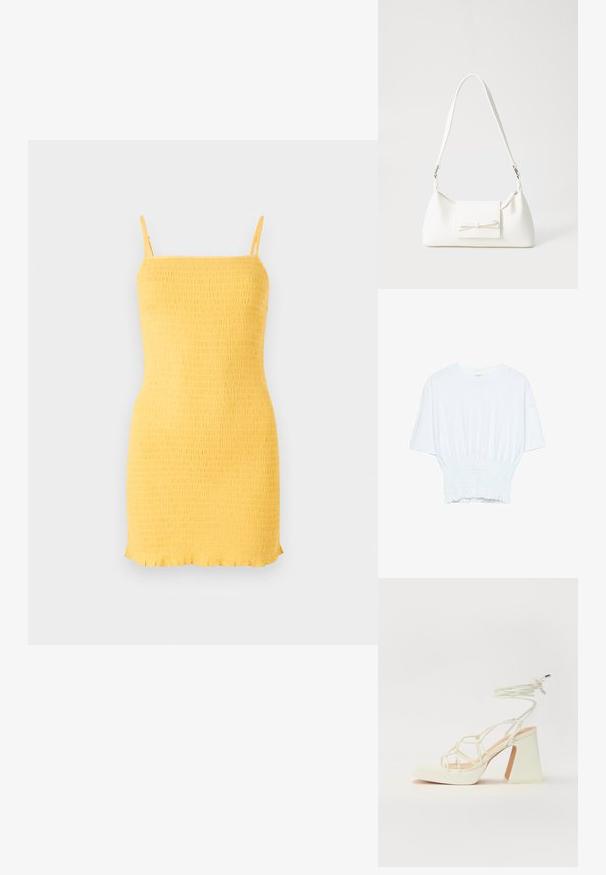 Keltainen smokkimekko ohuiden olkaimien ja suoran leikkauksen kanssa. Ominaisuuksiin kuuluu teksturoitu pinta ja röyhelöhelma. Valmistettu kevyestä kankaasta.; Valkoinen lyhythihainen t-paita, jossa on rento leikkaus ja frillattu tekstuuri vyötäröllä. Valmistettu pehmeästä, kevyestä kankaasta.; Valkoinen korkokenkä, jossa on paksu korko, ja joka sisältää nauhakiinnityksen ja nilkkaketjun. Sujuva pinta, jossa on platform-etupohja lisäkorkeutta varten.; Valkoinen synteettinen käsilaukku, jossa on kolmikulmainen muoto, tasainen etu läppä ja nauhadetail, säädettävä olkahihna, sileä rakenne ja minimalinen muotoilu.