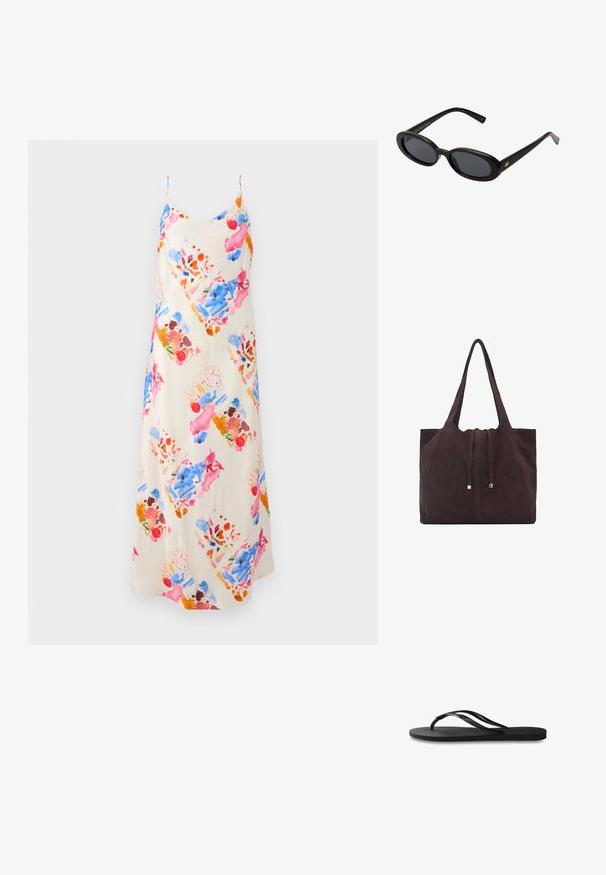 Satäng, ärmlös klänning med en krämfärgad bakgrund och färgglada blommönster i rosa, blått och orange, med en rakt flödande silhuett.; Svart flip-flop med en texturerad gummisula, två slanka remmar och en subtil, präglad logodetalj på remmen.; Svarta överdimensionerade solglasögon med ovala linser, slät plastbåge och guldaccent på bågarna. Mörka linser ger solskydd.; Mango Shoppingväska - dark brown