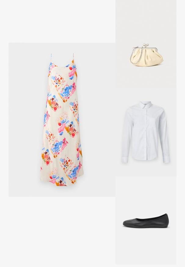 Rochie din satin, fără mâneci, cu un fundal crem și un model floral colorat în roz, albastru și portocaliu, având o siluetă fluidă, dreaptă.; Cămașă albă cu mânecă lungă din bumbac. Prezintă un guler cu nasturi, guler ascuțit și o buzunar pe piept pe partea stângă.; Balerini din piele neagră, cu vârf rotund, textură netedă, detalii de cusătură minimale și un design al tălpii flexibil.; Clutch din piele plisată bej, cu un cadru din metal argintiu, având două închideri decorative rotunde și o curea din lanț argintiu.