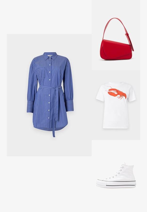 Vestido camisola azul às riscas com mangas longas, fecho por botões, um bolso no lado esquerdo do peito e um cinto do mesmo tecido na cintura.; Camiseta de algodão branca com um grande gráfico de lagosta vermelha brilhante na frente. Mangas curtas e design de gola redonda padrão.; Sapatilha alta de tela branca com sola de borracha preta, bico de borracha na frente e seis ilhós para os atacadores, apresentando um design limpo e minimalista.; Bolsa de mão em couro vermelho com um design angular e geométrico. Apresenta uma única alça ajustável e um fecho com aba, com detalhes cosidos.