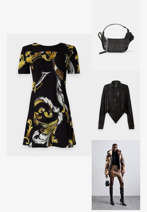 Versace Jeans Couture Dzsörzéruha - black/gold; Fekete egyrészes ruházat hosszú ujjakkal, V-kivágással és testhez simuló fazonnal. Fényes, sima anyagból készült, strukturált gallérral és mandzsettákkal.; Barna és fekete mintás puffjú dzseki, barna kígyóbőr mintás mini szoknyával, fekete térdig érő csizmával és egy kicsi fekete táskával párosítva.; Fekete kézitáska textúrázott dizájnnal, ezüst szegecsekkel és masszív ezüst lánc pánttal díszítve. Letisztult, minimalista formája van.