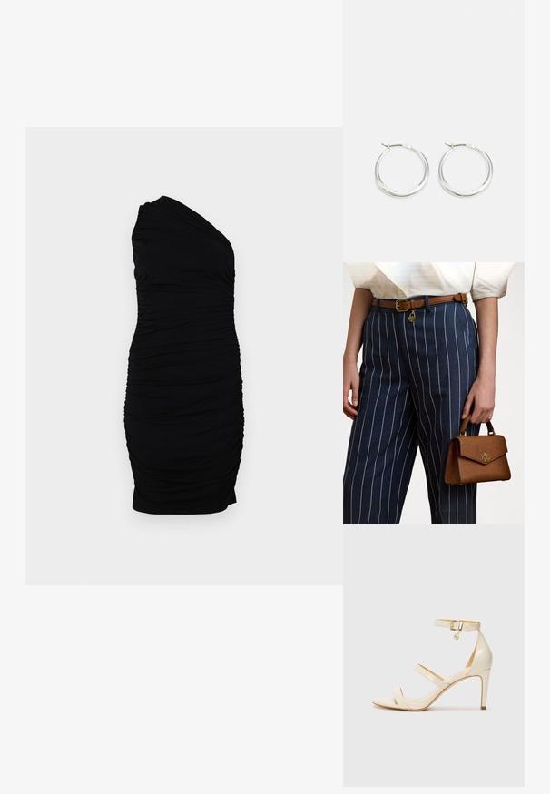 Vestido preto de um ombro, feito de tecido elástico, com texturas franzidas e drapeado lateral, apresentando uma silhueta ajustada.; Sandálias de salto alto bege com tira fina no tornozelo e duas tiras superiores. Acabamento em patentes brilhantes e detalhe em dourado na tira do tornozelo.; Saco de mão castanho com textura e ferragens douradas, segurado ao lado de calças listradas em azul com linhas verticais brancas. Design simples e estruturado.; Brincos de argola prateados com um design suave e arredondado, apresentando um perfil fino e um fecho seguro. Estilo minimalista com um acabamento polido.