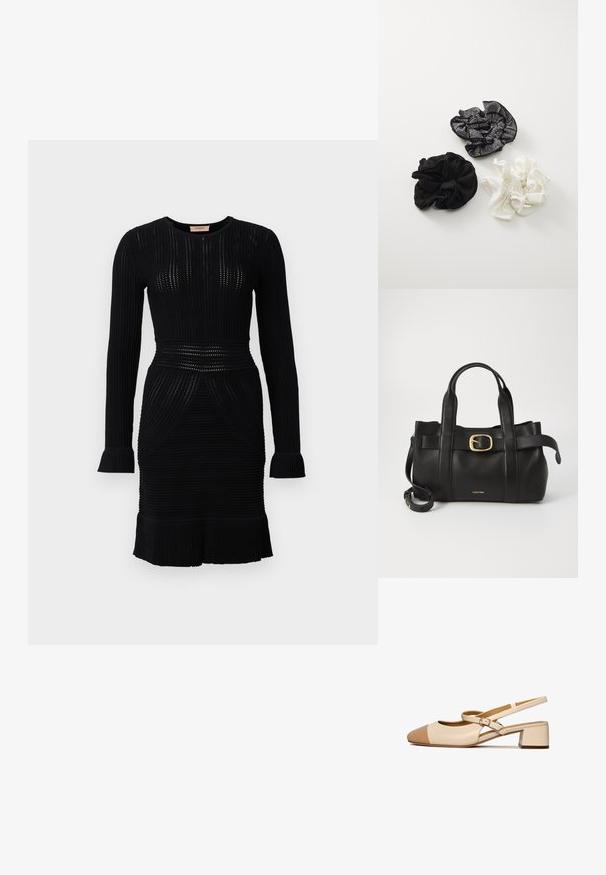 Crna pletena haljina dugih rukava, s rebrastom teksturom, uskim strukom i raširenim rubom. Ima okrugli izrez i suptilne dizajnerske detalje.; Bež kožna cipela s remenom oko pete, zaobljenog vrha, kontrastnog svijetlosmeđeg kapica i niskog blok peta. Uključeni podesivi remen za gležanj.; Crna kožna torba s strukturiranim dizajnom, dvostrukim gornjim ručkama, zlatnim kopčom kao naglaskom i utisnutim logotipom marke sprijeda.; Tri su bježne gumice za kosu: jednu crnu od tkanine, jednu bijelu od tkanine i jednu crnu s teksturiranim srebrnim uzorkom i rubovima. Mekani, skupljeni dizajn.