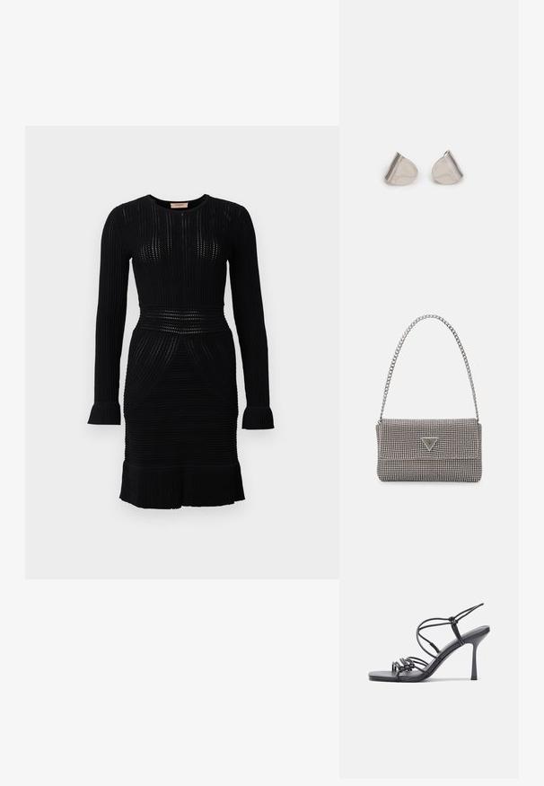 Černé pletené šaty s dlouhými rukávy, s ribovanou texturou, přiléhavým pasem a rozšířeným lemem. Obsahují kulatý výstřih a jemné designové detaily.; Černé high-heeled sandály mají tenké pásky s uzlovým designem, hladký čtvercový špičku a elegantní jehlový podpatek.; Světle šedá kovová kabelka s řetízkem, zdobená malými kulatými kovovými cvočky a trojúhelníkovým logem značky.; Stříbrné kovové náušnice s hladkým tvarem slzy a lesklým povrchem. Jemné rytiny přidávají detail. Minimalistický design.