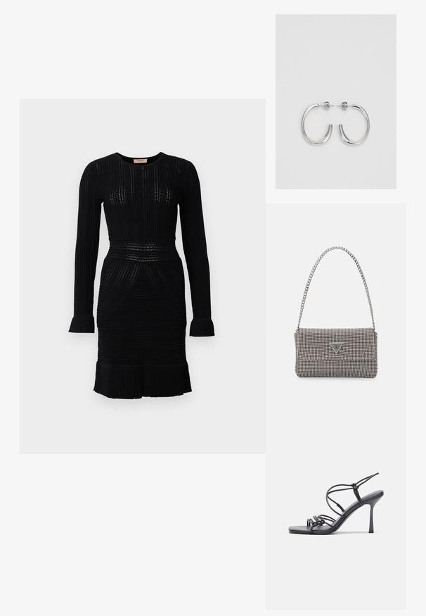 Crna pletena haljina dugih rukava, s rebrastom teksturom, uskim strukom i raširenim rubom. Ima okrugli izrez i suptilne dizajnerske detalje.; Crne sandale na visokoj potpetici imaju tanke trake s čvorastim dizajnom, glatki kvadratni vrh i elegantnu stiletto petu.; Svijetlosivi metalik ruksač s lancem, ukrašen malim okruglim metalnim zakovicama i trokutastim logotipom marke.; Srebro naušnice u obliku prstena s glatkom, sjajnom završnom obradom. Zaobljenog oblika, laganog dizajna, s kopčom na poleđini.