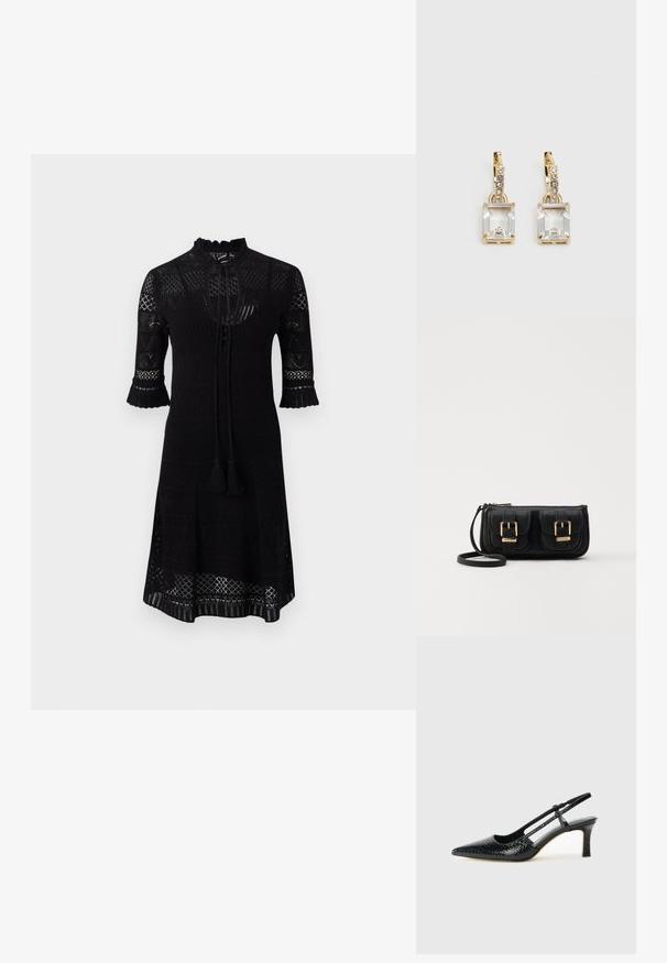 Robes noires en tricot avec une encolure haute, des manches trois-quarts avec des bords volants et un motif texturé sur l'ensemble. Comprend un lien avec des pompons.; Escarpin slingback en vernis noir avec un bout pointu, présentant un imprimé serpent texturé, une sangle réglable et un petit talon bloc texturé.; Sac en cuir noir porté en travers avec deux poches avant, boucles dorées, fermeture zippée et une sangle fine. Surface texturée et forme rectangulaire compacte.; Boucles d'oreilles en or lumineux avec un cristal rectangulaire transparent pendent sous une rangée de petits accents ronds transparents. Design élégant et moderne.