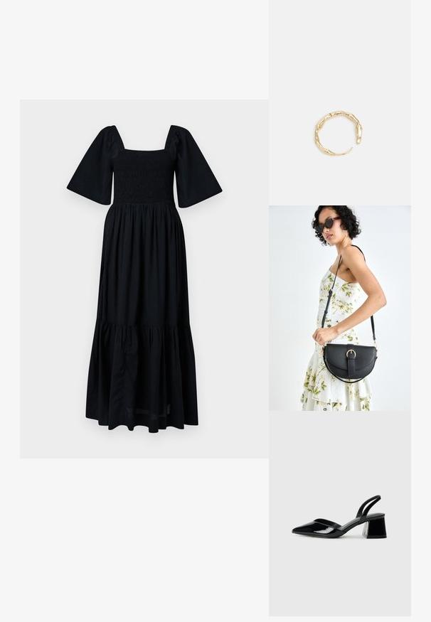 Sort maxi kjole med firkantet udskæring, smocket buste og korte pufærmer. Flared tiered kant giver volumen og tekstur. Letvægtsstof.; Sorte patentlæder slingback hæle med spids tå og en geometrisk blok hæl. Har et elegant, minimalistisk design og en glat tekstur.; Sort læderhåndtaske med en buet form, aftagelig rem og guldfinish. Tasken har en klap med en spænde detalje.; Guld-tone ring med et organisk, snoet design, glat overflade og affasede ender, hvilket skaber et moderne, skulpturelt udseende.